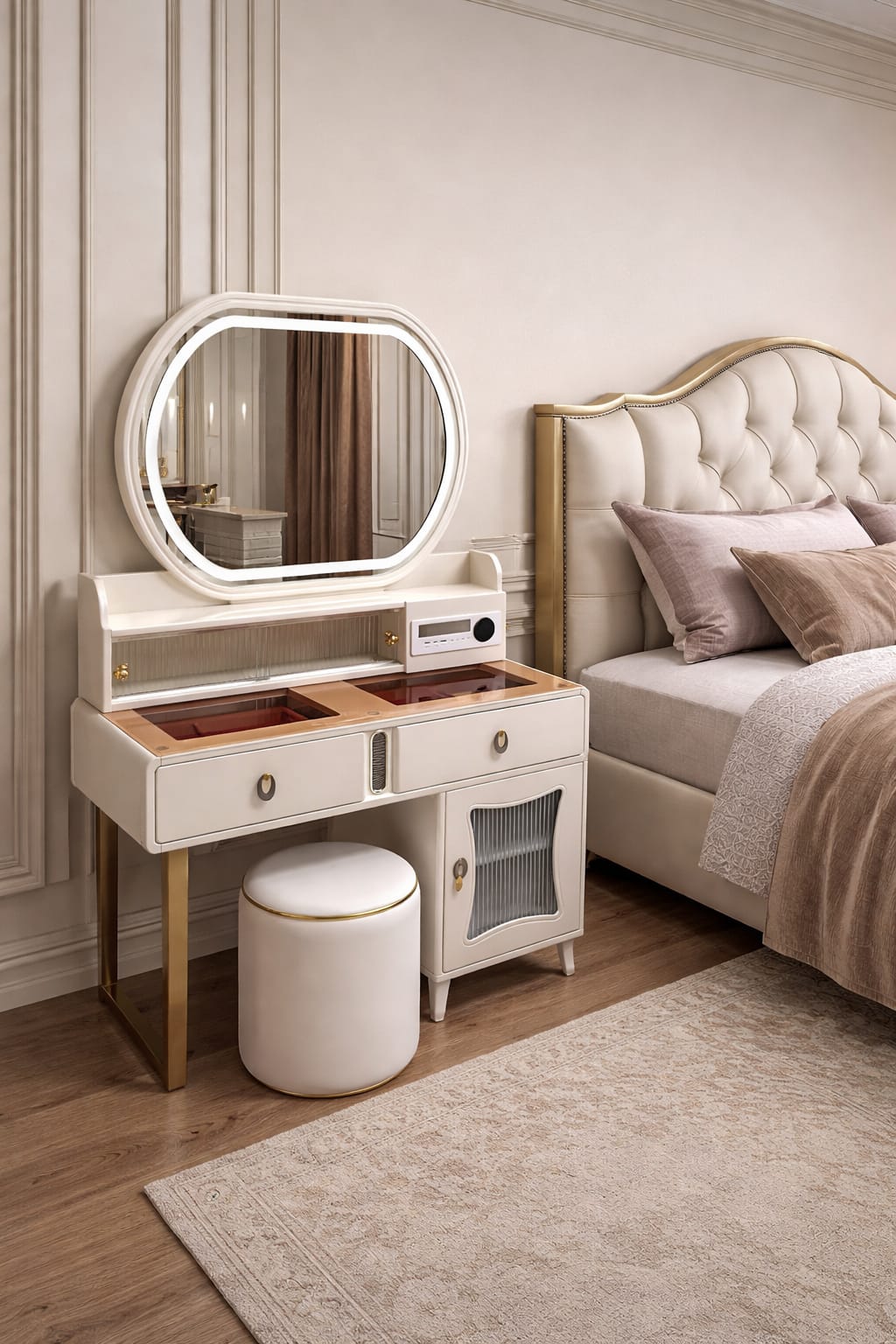مائدة سرير مودرن فخمة مع مرآة دائرية مدمجة - Sweet Nightstand